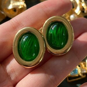 SOLD Vintage Christian Dior Oval Green Swirly Glass Cabochon Gold Clip Earrings